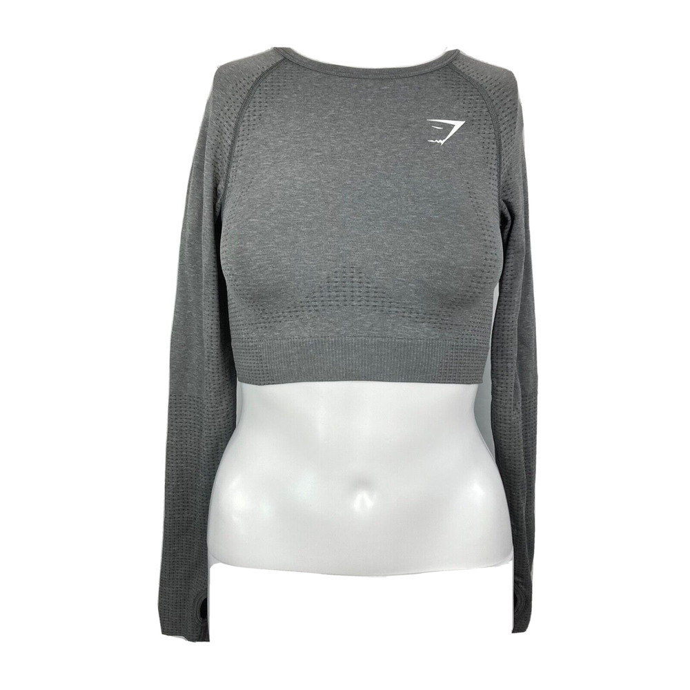 Gymshark Shirt Womens Sz XS Gray Long Sleeve Crop Stretch Workout Top Seamless